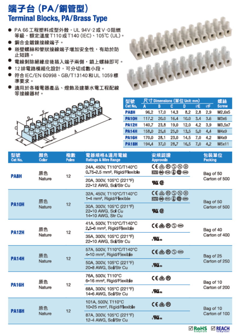 PA8H 端子台-加高型, 铜端子